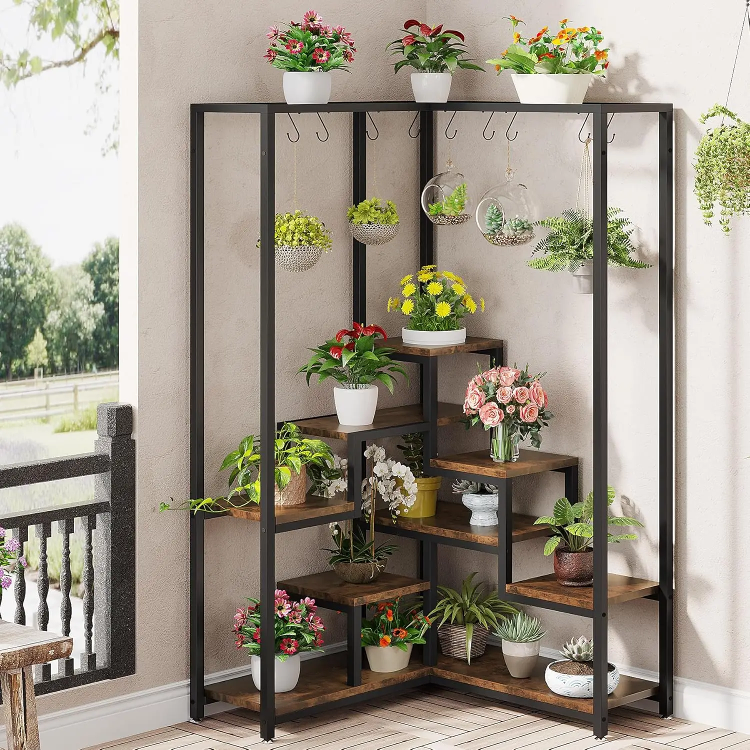 70.9 Inches Tall Corner Plant Stand, Industrial 8-Tier Indoor Corner Plant Shelf with 10 -Hooks, Large Metal Plant Display Rack