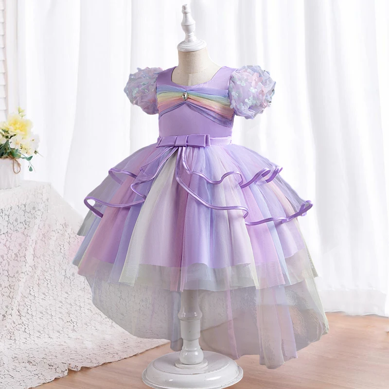 Robe brodée en dentelle pour filles, robes de demoiselle d'honneur pour mariages, manches bouffantes à boutons, robe d'anniversaire pour enfants, robe de gala pour enfants