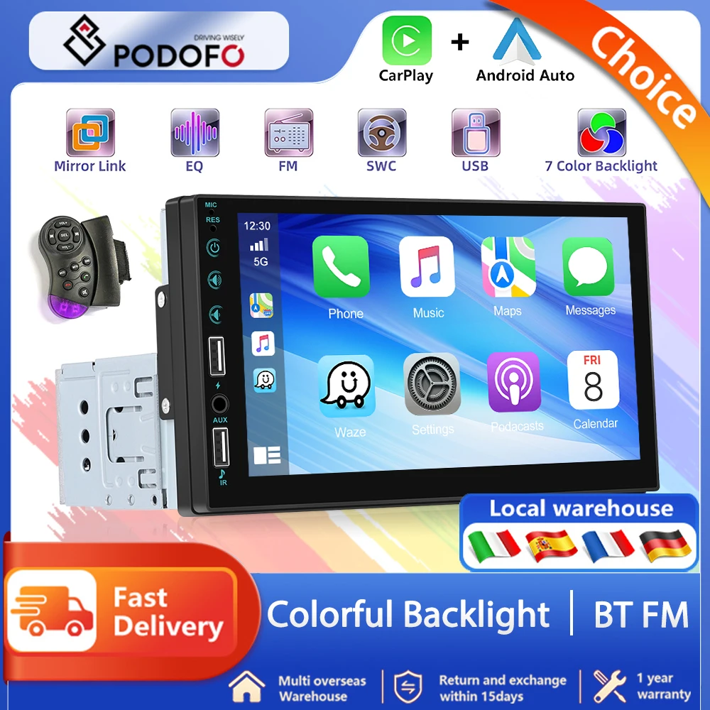 Podofo 7 inches Car Radios 2din Multimedia Player Head Unit 2 Din Car Stereos Wired CarPlay Android Aoto Screen Display