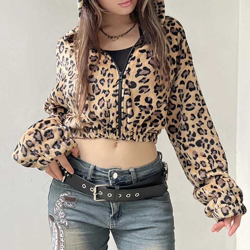 Heyoung girl stilvolle Fleece jacke mit Leoparden muster und Kapuze Herbst Winter Damen Reiß verschluss Mantel Vintage Y2k Streetwear warme Outwear