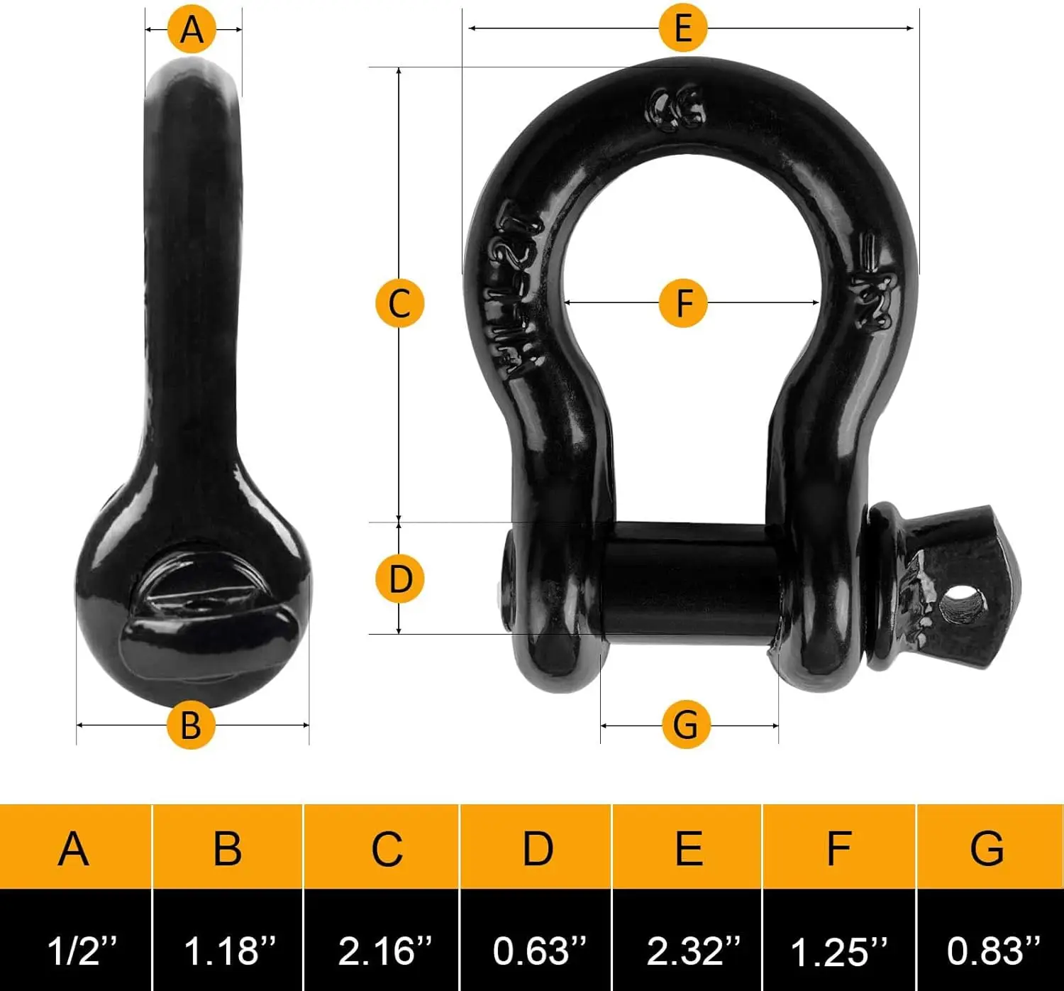 1/2" D Ring Shackle Bow Shackle with Screw Pin Clevis, 2 Ton for Tow Strap Hooks, Fits Jeeps ATVs Trucks Trailers (4 Pack) view 6