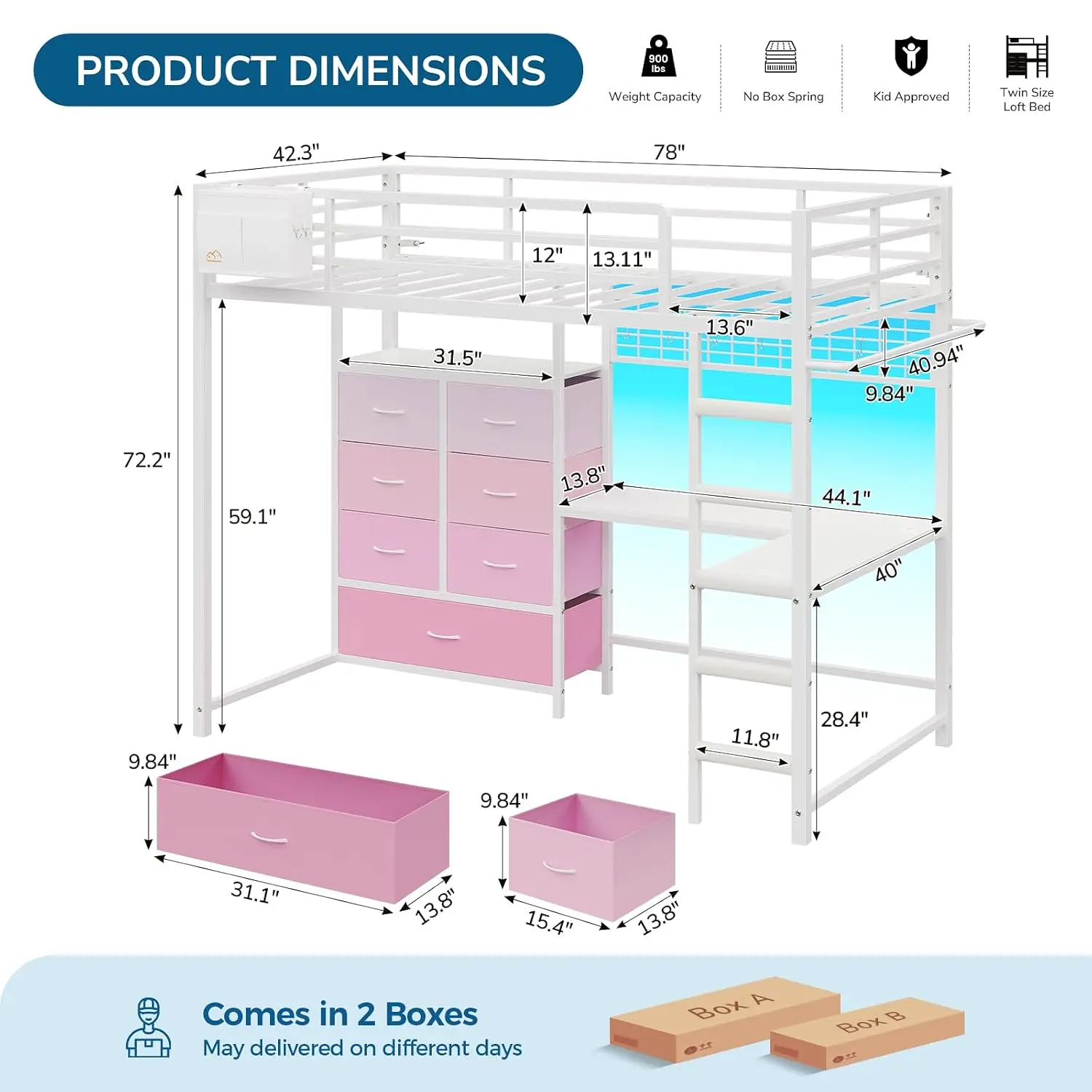 Twin Loft Bed with L-Shaped Desk, 7 Storage Drawers, Loft Bed Twin Size  with LED Lights and Charging, Customized