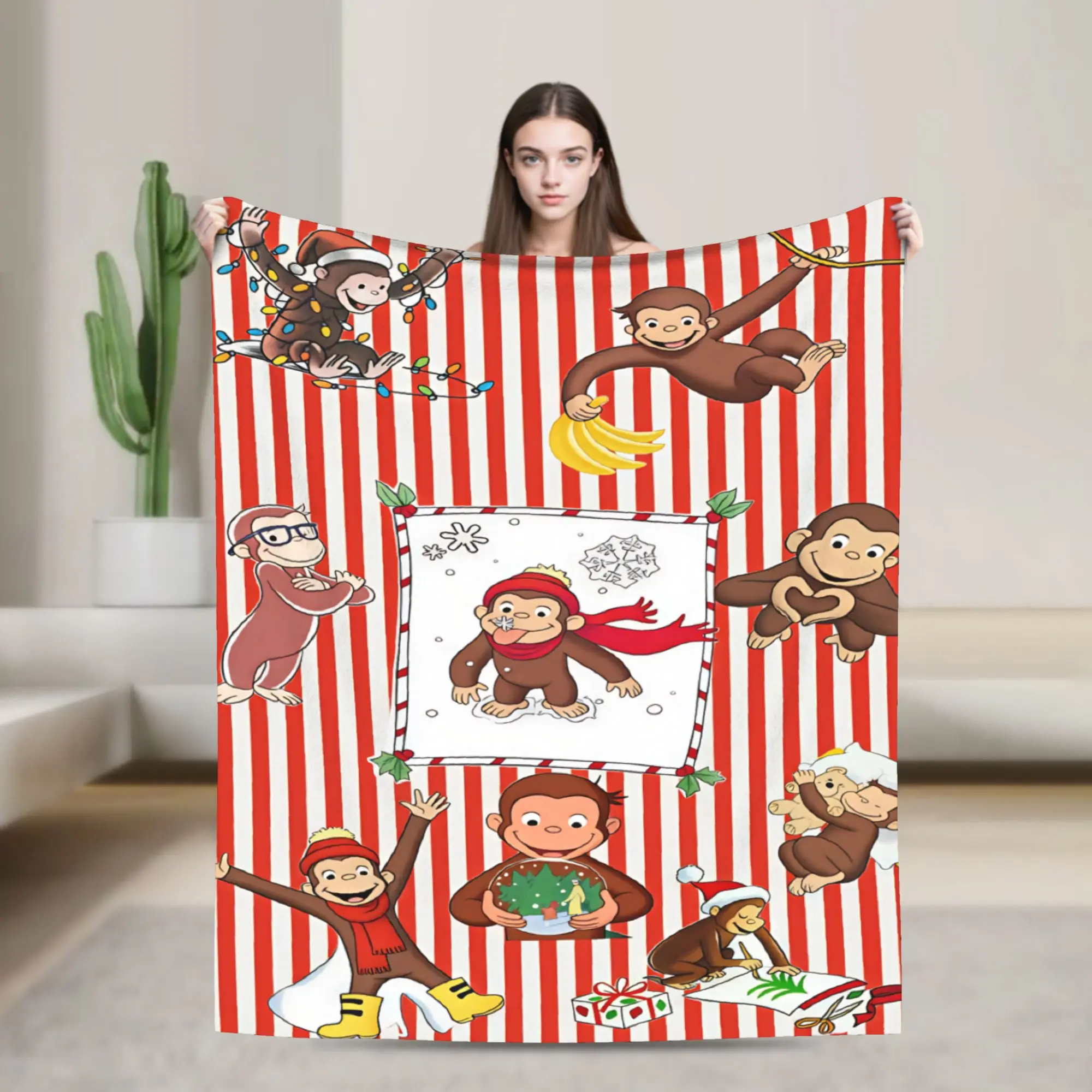 Warm Blankets Airplane Travel Curious George Christmas Winter Throw Blanket Flannel Bedspread For Living Room Sofa Bed Cover