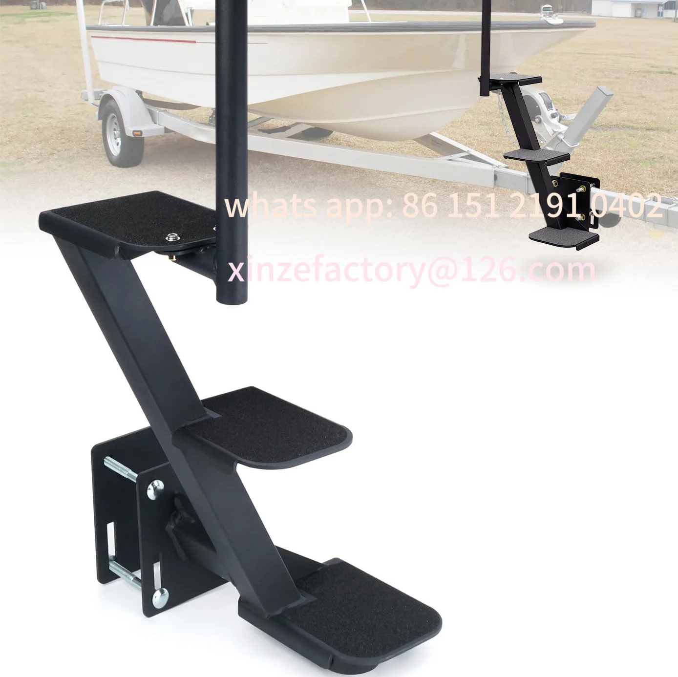 

Heavy duty marine trailer steps with safety handle