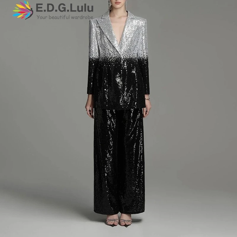 

EDGLuLu 2025 Новый женский черно-белый пиджак с пайетками + прямые брюки с высокой талией, комплект из двух предметов, модный женский 0817