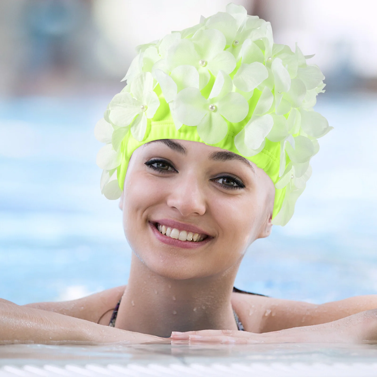 Damen-Badekappe mit Blumenmuster, langlebig, praktisch, für langes und kurzes Haar, zum Schutz, Badekappe, Schwimmkappe für Damen