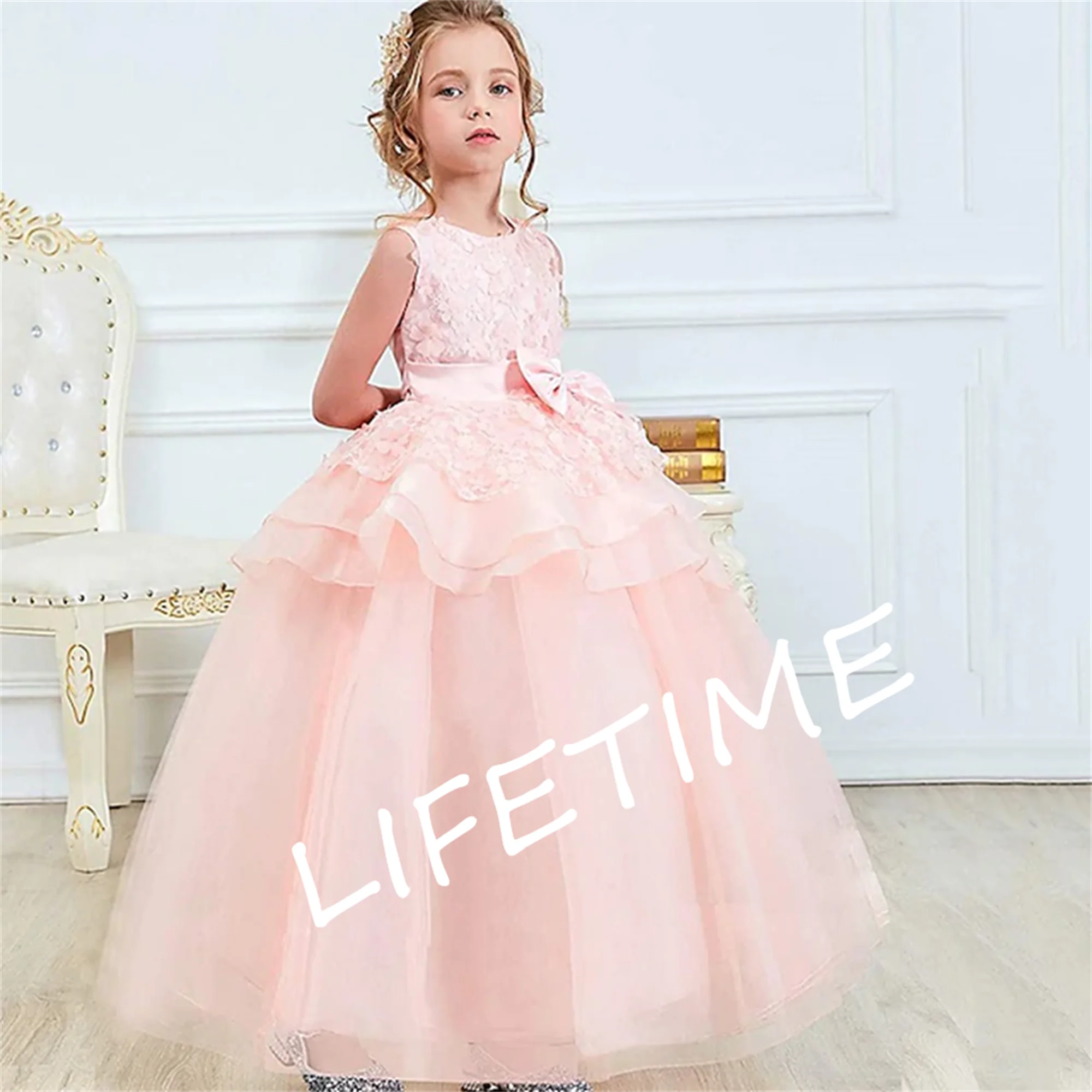 

V-Neck White Elegant Flower Girl Dresses Sleeveless A-Line Bow Backless Ball Gown Kids Birthday Party Dress First Communion