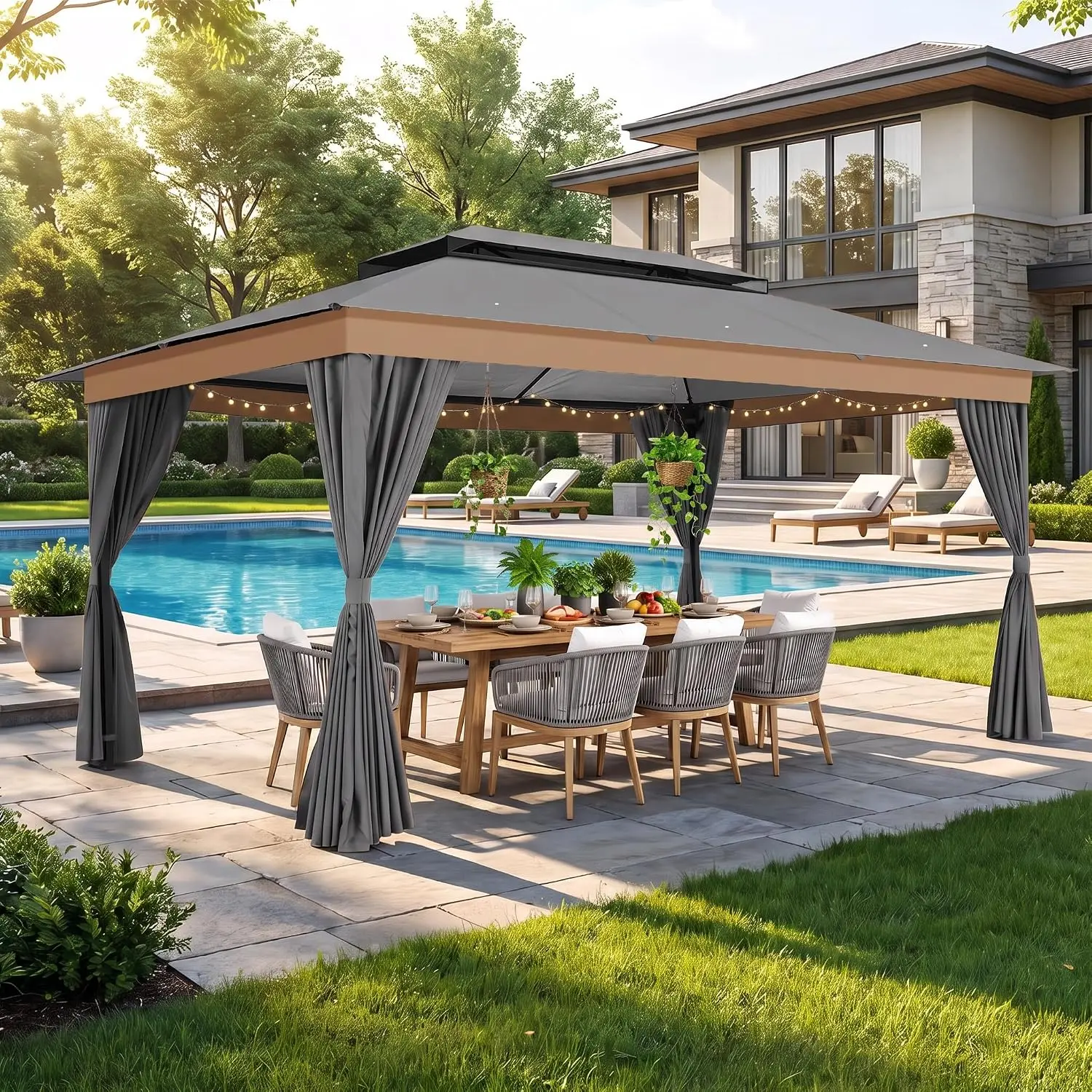 Outdoor Gazebo 10x15 Privacy Curtains Gray Soft Top Double Roof Dual Ceiling Hooks Steel Frame Backyard Deck Garden, Customized