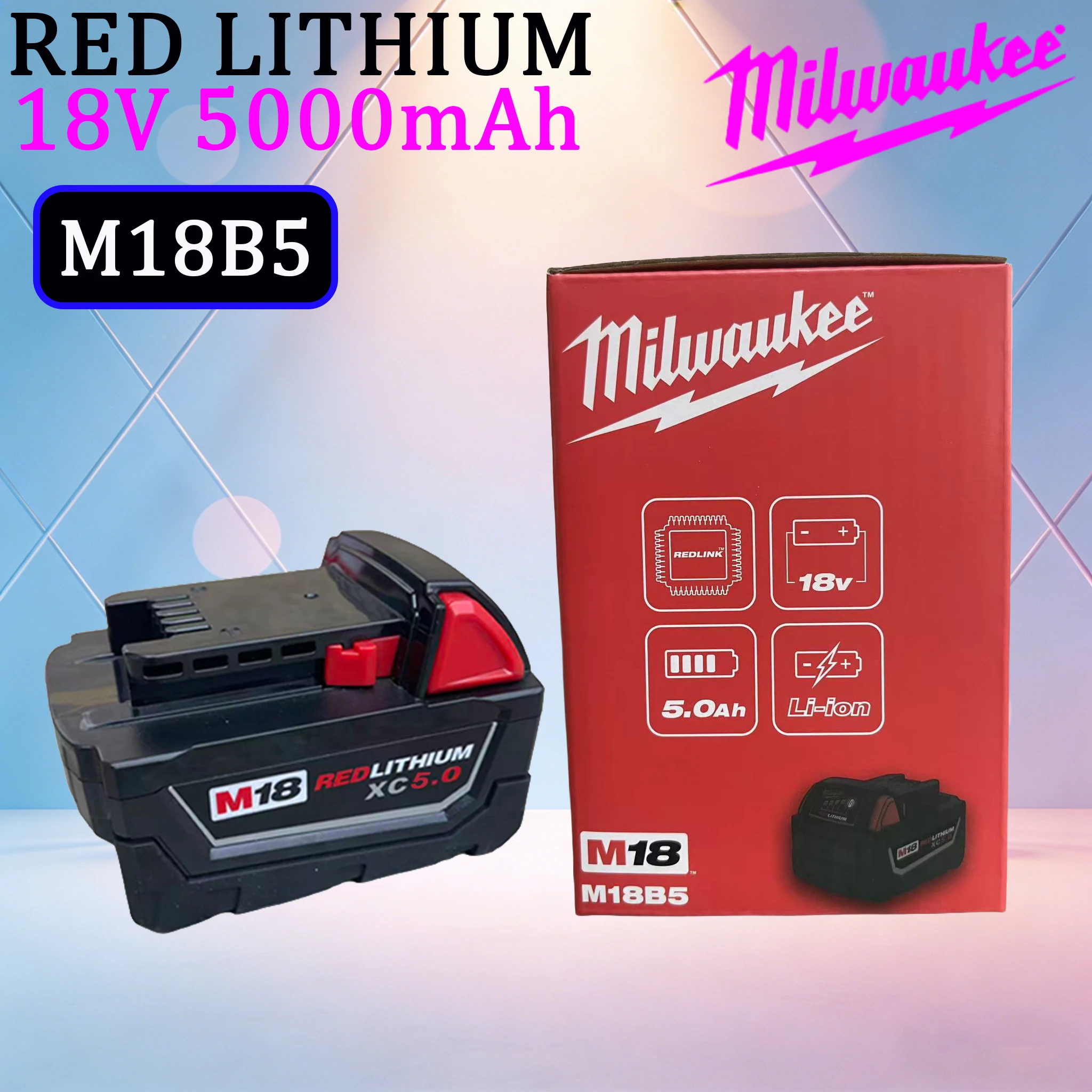 

Milwaukee 18V 5.0Ah REDLITHIUM Battery with M18 Series Power Tools 48-11-1850 Lithium-Ion High Capacity with REDLINK Protection
