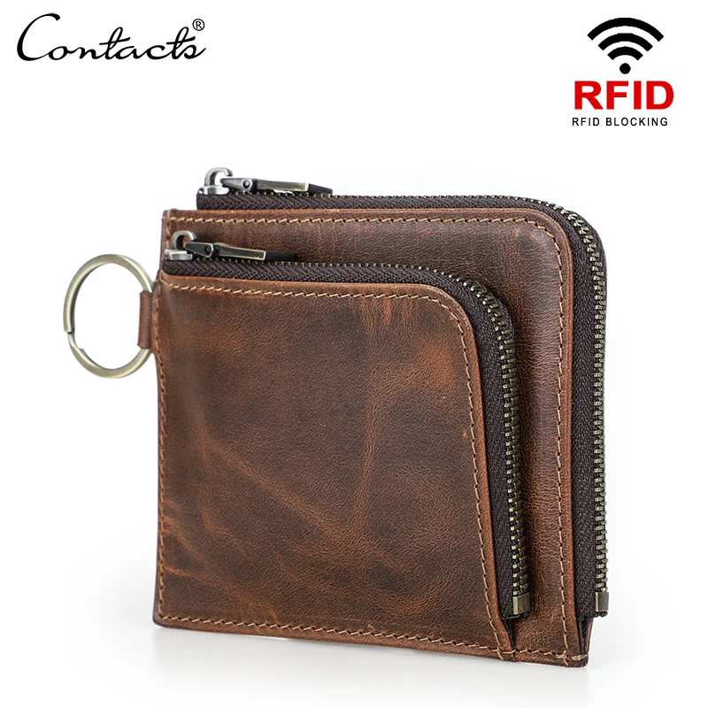 

CONTACT'S Genuine Leather Slim Wallets for Men Short Purse with Key Chain Male Purse Zipper Pocket Wallets