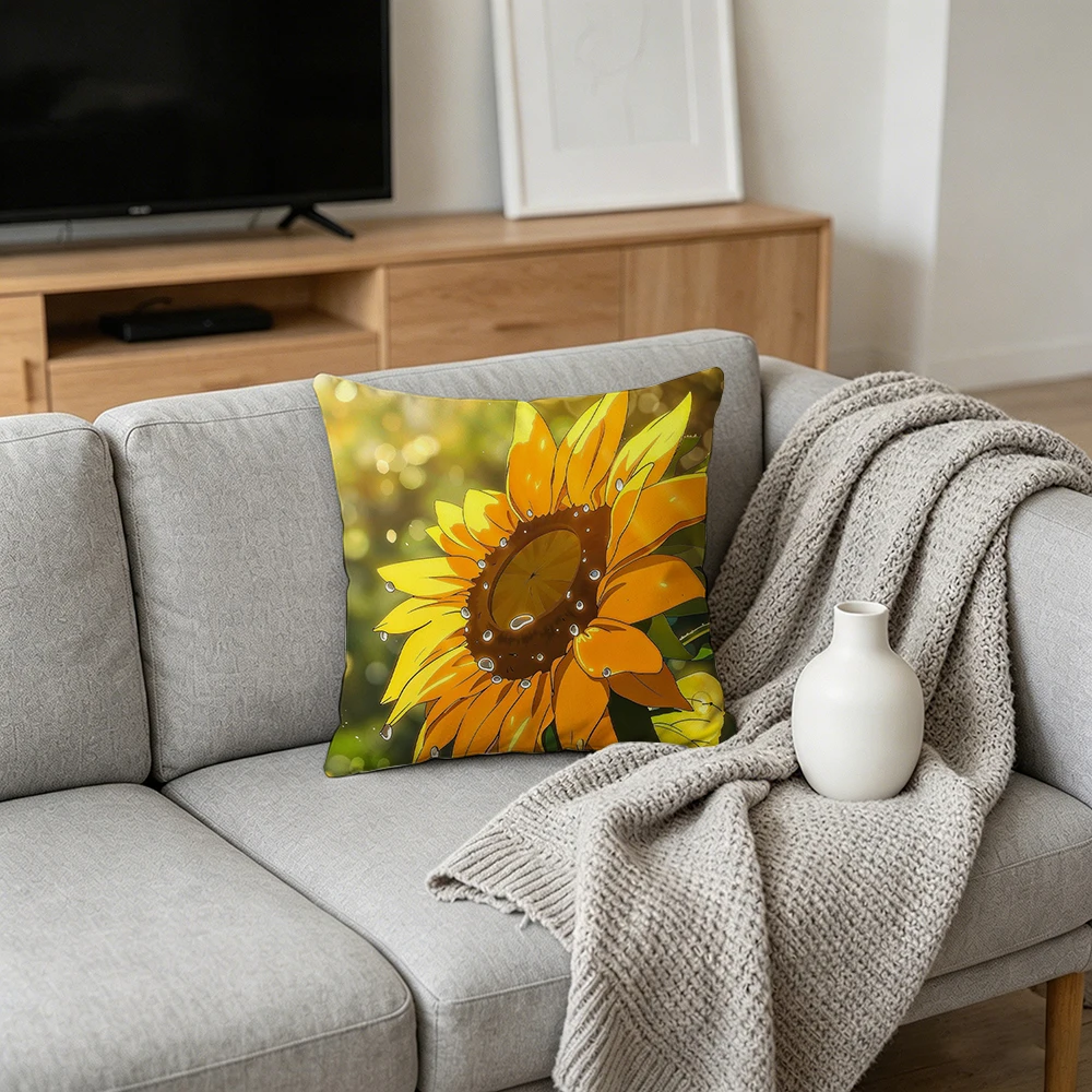 1PC Throw Pillow Cover,Sunflower Water Drop Print,Botanical Fresh Style,For Sofa Bedroom Couch Home Decor