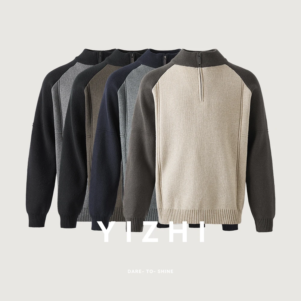

Модный мужской свитер в стиле ретро с цветными блоками и воротником-стойкой на молнии, новинка зимы 2025 года, теплый тяжелый свитер, утолщенный топ