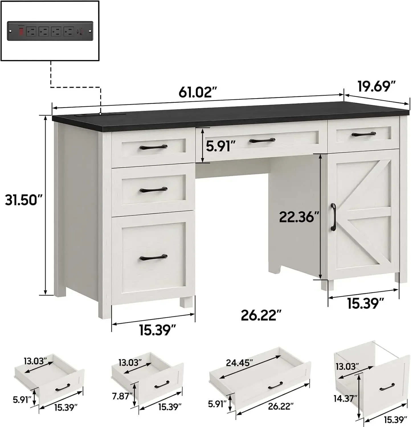 Farmhouse 61'' Executive Desk With 5 Drawers, Rustic Office Desk Computer Desk With Charging Station, File Drawers And Storage