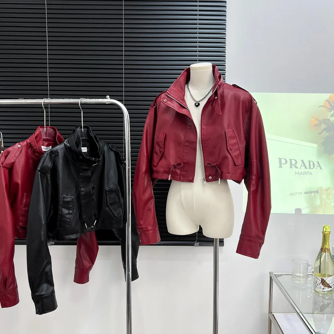 Vintage Red Street Style Short Leather Coat Ladies Y2K 2023 High Street Long-sleeved Motorcycle New Design Chic Leather Coats