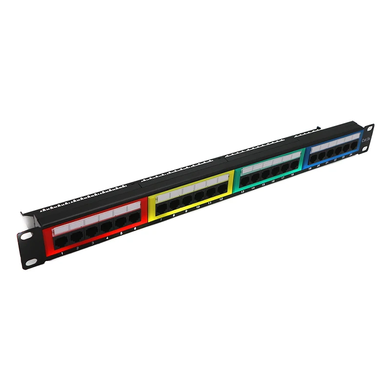 24 Ports UTP Cat 5e/6 Network Patch Panel Unshielded RJ45 Ports 19 inch Rack Mounted  with Rear Management Arm Black/Colorful