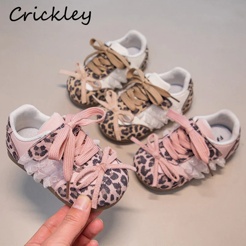Ruffles Bow Girls Sneakers Leopard PU Leather Hook Loop Children Casual Shoes Princess Soft Toddler Kids Sport Shoes