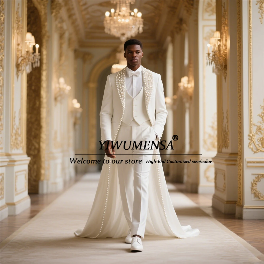 

Crystals Beaded Pearls Suit Men For Wedding Customized Long Train Single Breasted Prom Tuxedos 3 Pieces Man Banquet ropa hombre