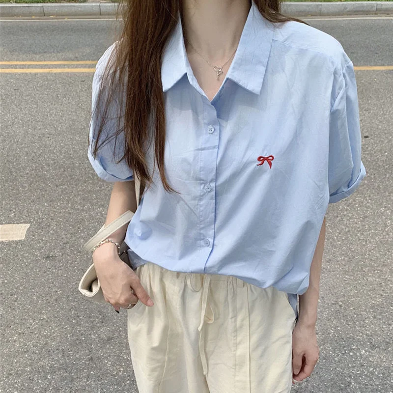 Summer Loose Versatile Fashion Embroidered Hot Items Short Sleeved Shirt Young Style Solid Color Temperament Lady Elegant Top