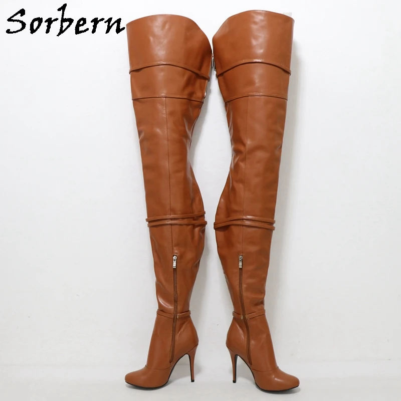 Sorbern 90Cm stivali Super lunghi donna vera pelle punta tonda Burlesque cavallo coscia scarpe tacco alto tacchi a spillo con tasca