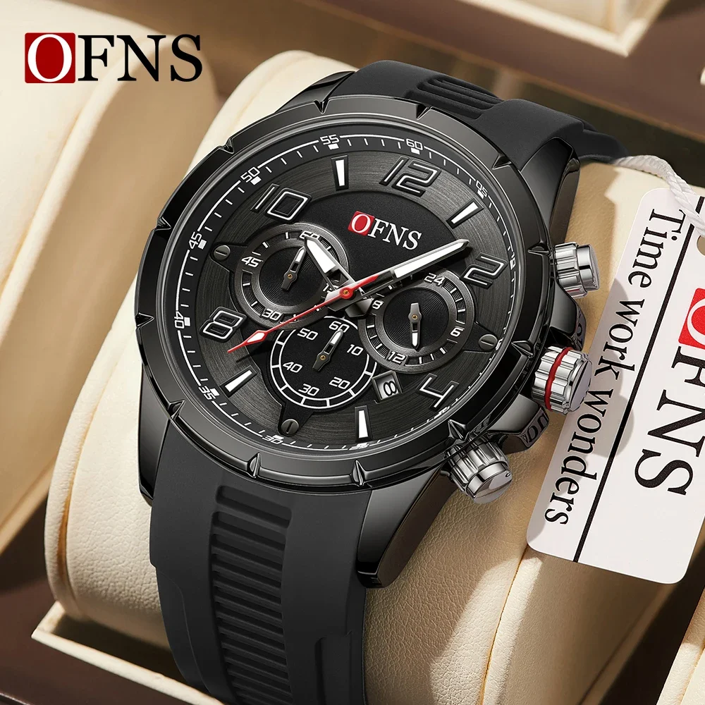 OFNS 8027 Fashion Men's Quartz Watch Calendar Business Three Eye Six Needle Small Dial Multi functional Waterproof Men's Watch