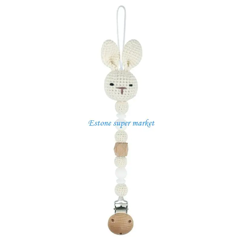090B Crochet Rabbit Pacifier Clip Baby Teether Rattle Handbell Unisex Boys Girls Gift