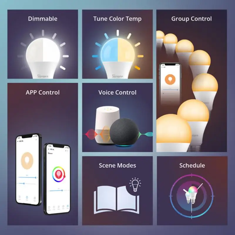 1/6 шт SONOFF B02-BL-A60 WiFi умная Светодиодная лампа E26/E27 RGBCW таймер затемнения 15000 часов лампа работает с Alexa Google Home