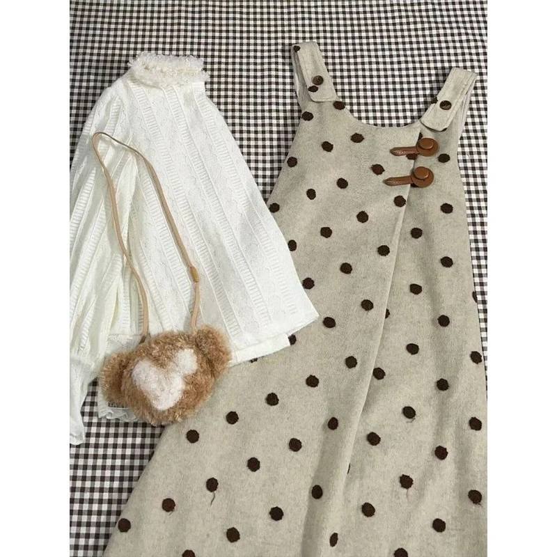 

Korean Wave Point Print Vest Dresses+ Spring Autumn Slim Fit Long Sleeve Bottoming Tops Women 2025 New Two Piece Sets