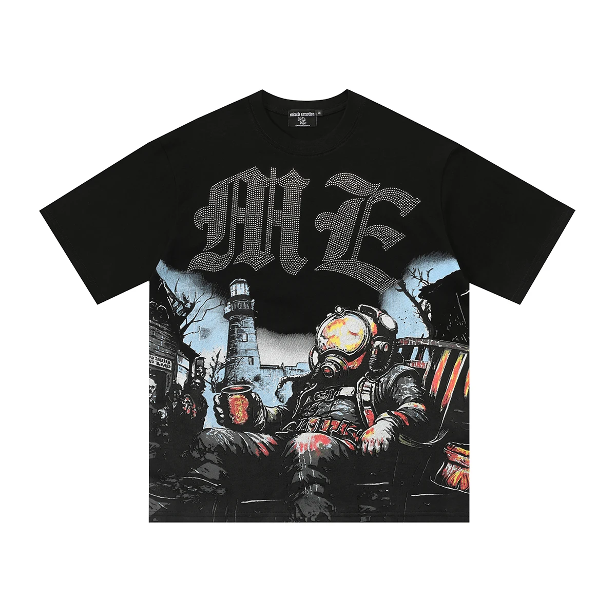 

2025ss New Mixed Emotion Summer Letter Rhinestone Short Sleeve Black Mens Tshirts Streetwear Cotton Top Tees Oversized Tshirt