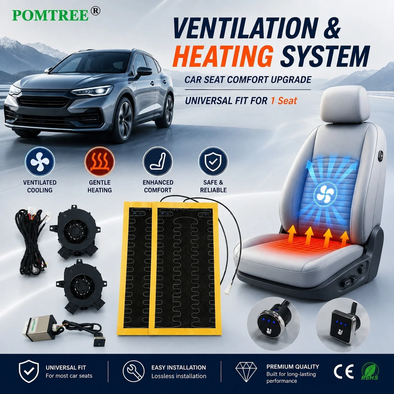 Universal Built-in Car Seat Ventilation Cooling And Heating Kit Fit 1 Seat,2PCS Heating Pads & 3-Level Switch Car Modification