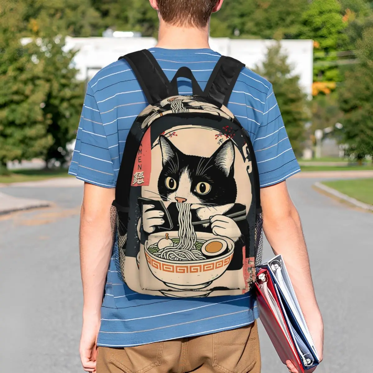 Japanese Cat Eating Ramen Backpack Student BookBag Kids School Bag Computer Shoulder Bags for Boys Girls
