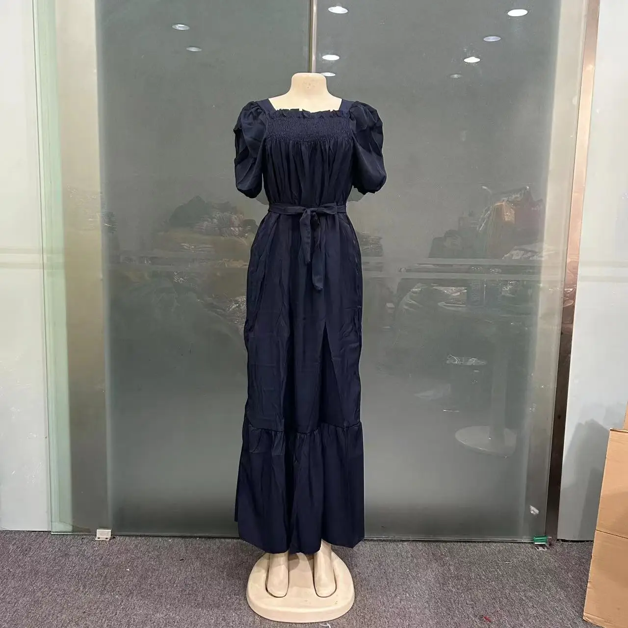 

2025 New Fashion European and American Short Sleeve African Summer Elegant White Dress Casual Loose Belt Solid Color Polyester