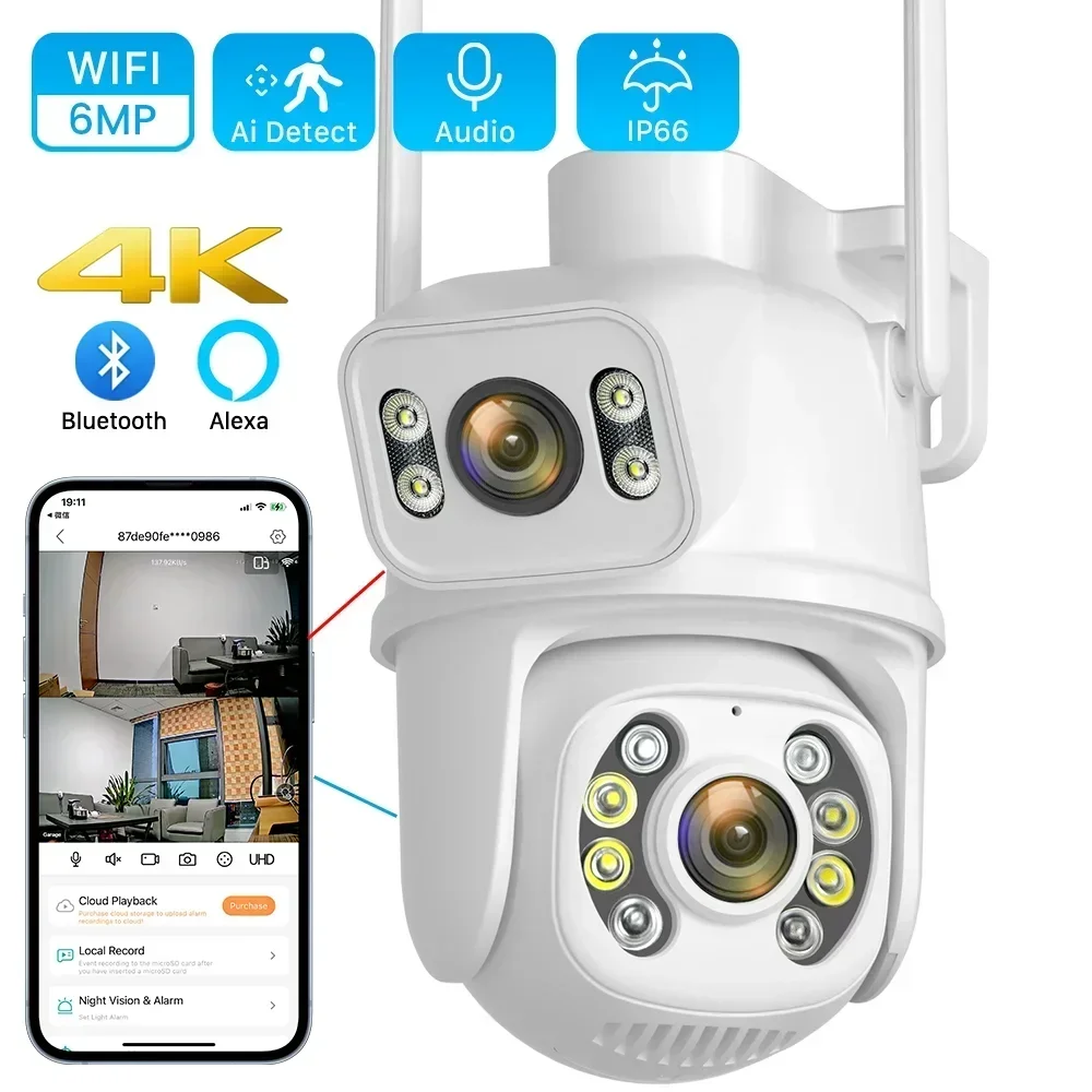 6MP 4K WiFi Camera Dual Lens Dual Screen Outdoor Waterproof And Security Video Surveillance Camera Alarm Light IP Camera