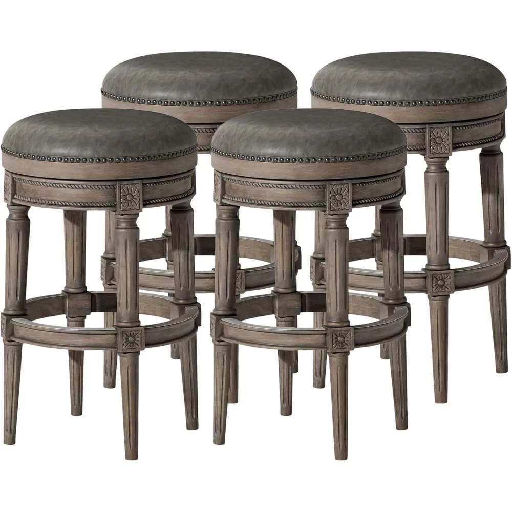 

Tall Bar Height Upholstered Backless Barstool in Reclaimed Oak Finish with Ronan Stone Vegan Leather Cushion Seat, Set of 4