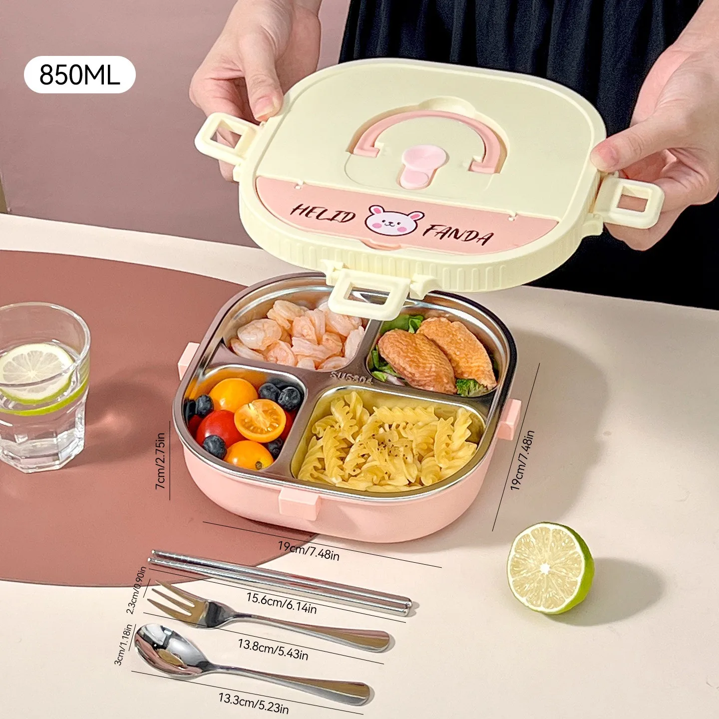 850/900ml 304 roestvrijstalen gedeelde bento box met bestek, magnetronbestendig, grote capaciteit, lekvrije lunchbox voor studenten en kinderen