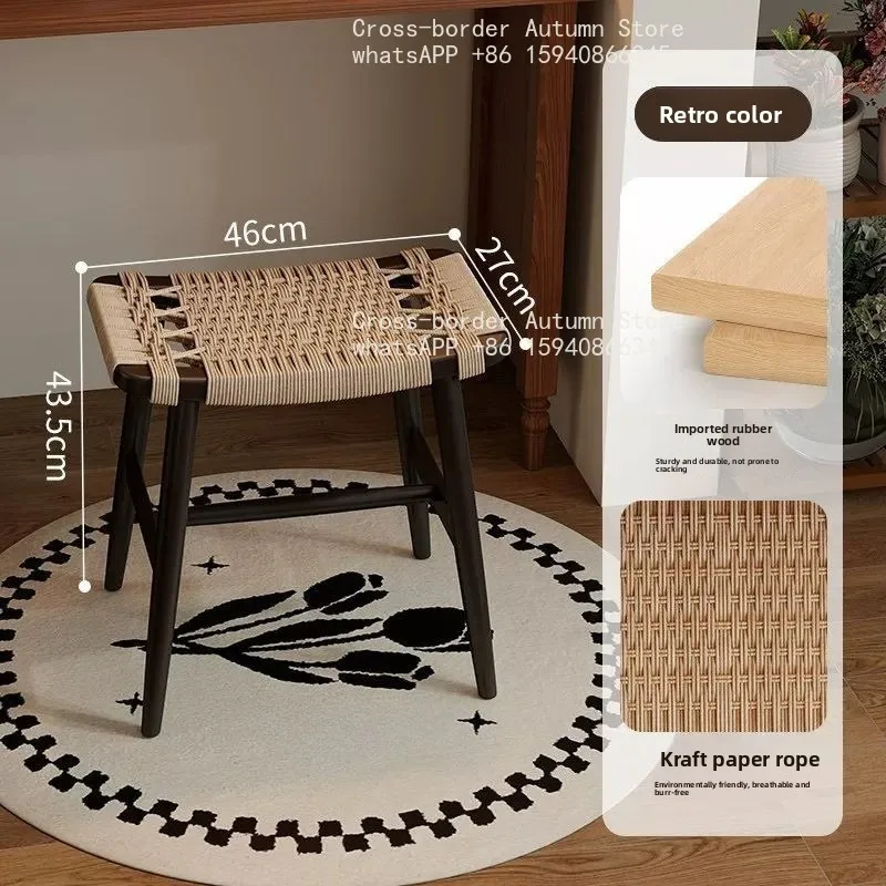 Medieval solid wood makeup stool household bedroom dresser stool retro dressing chair creative rope light luxury dressing