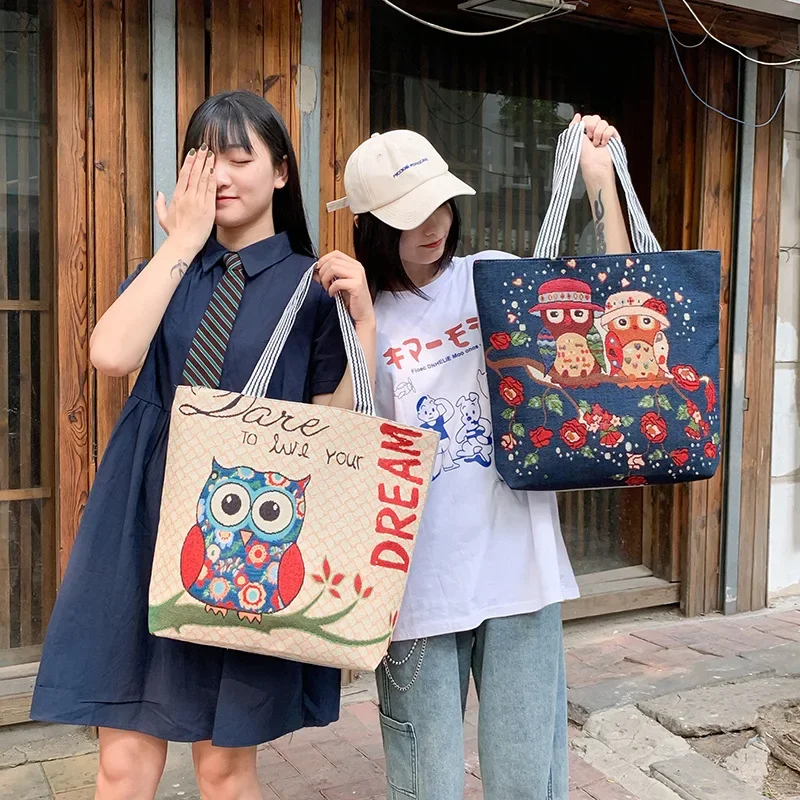 Women Canvas OWL Tote Bag Cute Cartoon Illustration Shopping Bag Girl Cotton Cloth Shoulder Bag Female Handbag Beach Shopper Bag