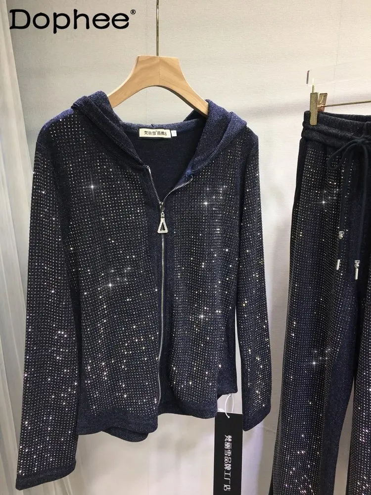 

Spring and Autumn New Heavy-duty Rhinestone Luxury Women's Two-piece Set Fashion Trend Loose Casual Versatile Hooded Zipper Suit