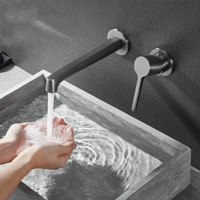 

Новый смеситель для раковины, смесители для горячей и холодной воды, смеситель для раковины, высококачественный латунный настенный серый однорычажный смеситель для раковины