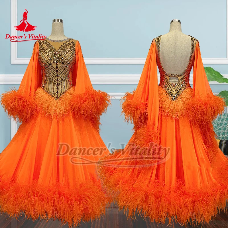 

Dancer's Vitality Оранжевое страусиное перо с открытой спиной для бальных танцев, большие свободные платья, роскошная женская одежда для вальса на заказ