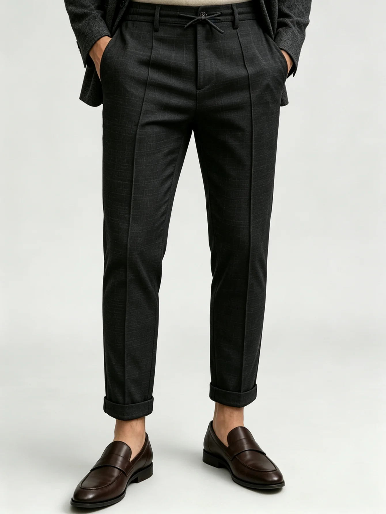 Men's Dark Grey Textured Drawstring Waist Suit Pants Pleated Front Cropped Trousers Roll Cuff Elastic WaistSmartCasualAnklePants
