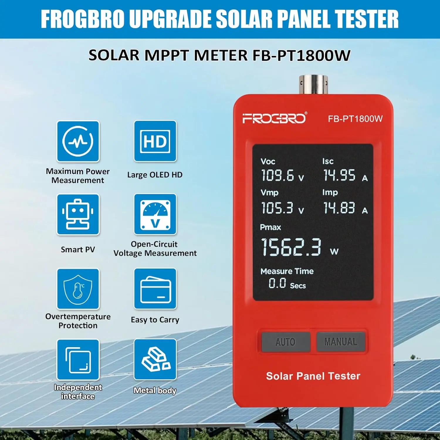 Tester per pannelli solari da 1800 W con display OLED MPPT e HD per diagnostiche fotovoltaiche