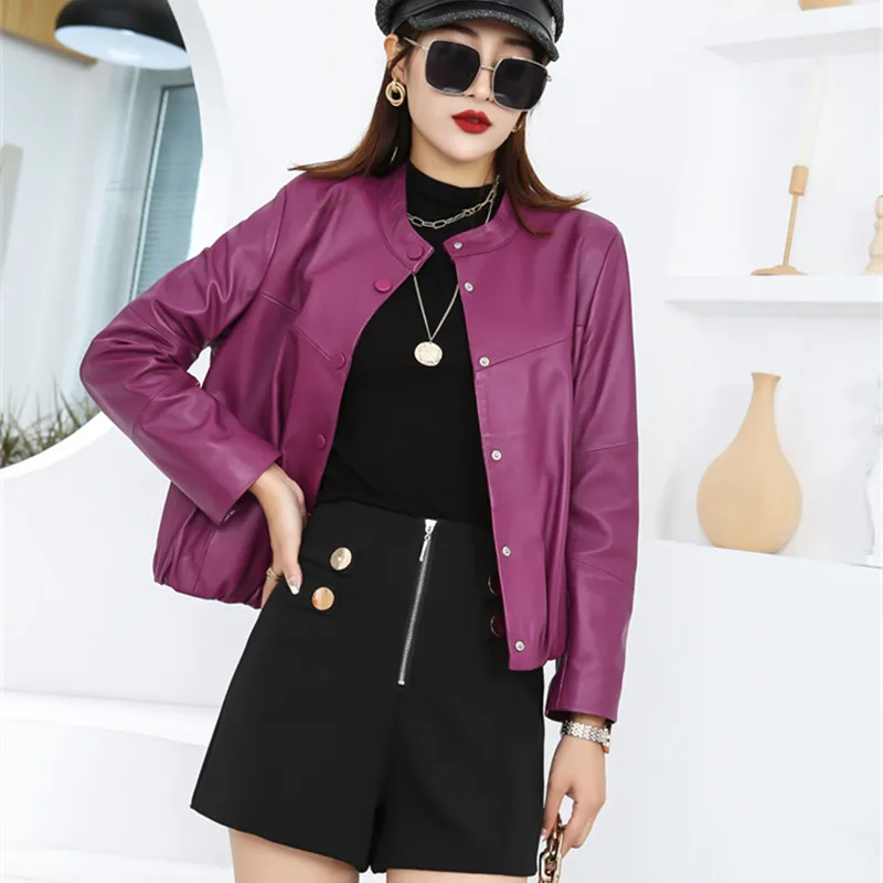 Women's Sheepskin Leather Short Jacket, Small Coat, Casual Fashion, Stand Collar, Motorcycle, Tops