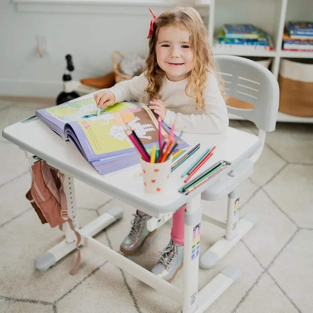 Mount-It! Kids Desk and Chair Set, Height Adjustable Ergonomic Children's School Workstation with Storage Drawer, Grey (Grey)