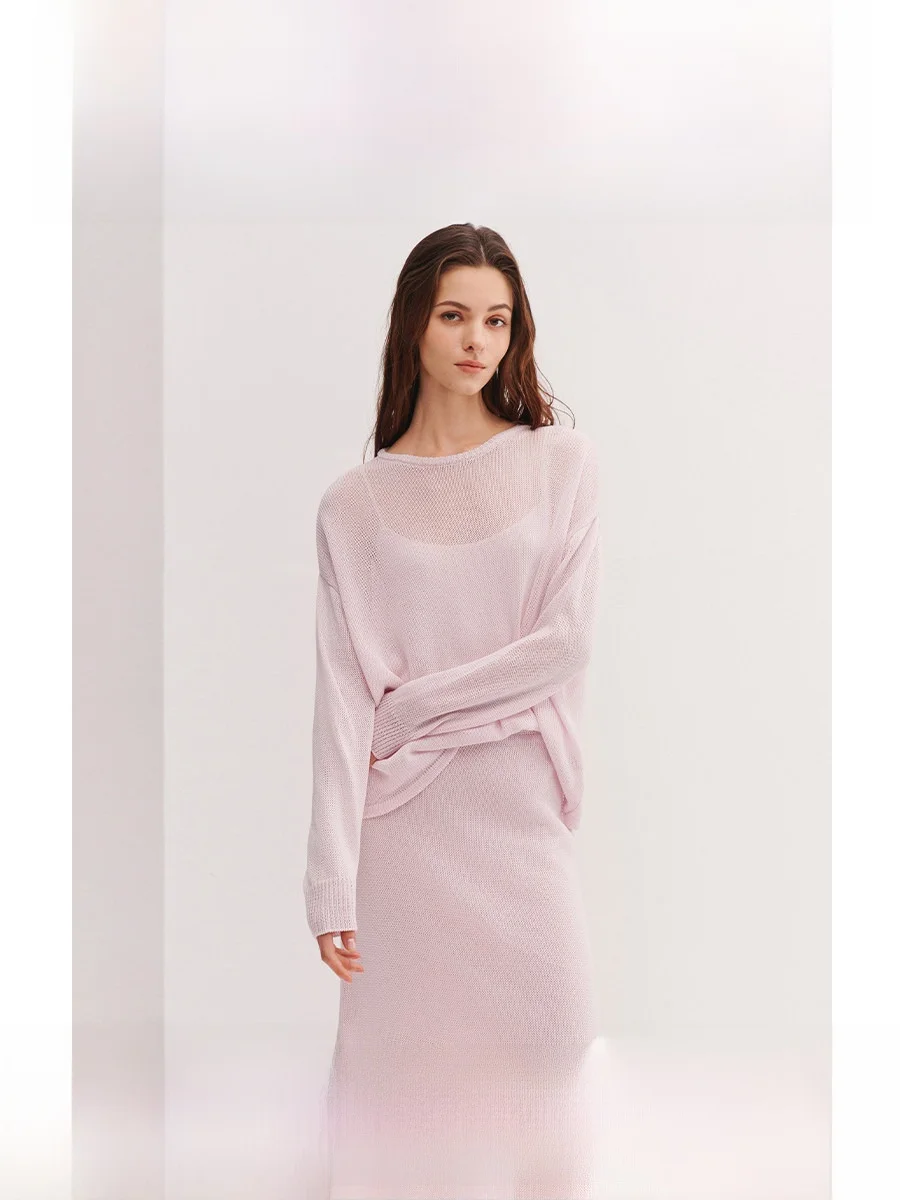 

Женский трикотажный комплект: свободный топ с длинным рукавом и юбка-миди, удобный, дышащий, модный, весна-лето