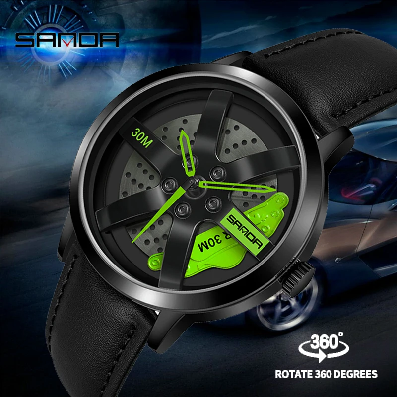 SANDA 1075 Car Wheel Men's Watch Leather Luminous Japanese Movement Wristwatch Waterproof Sports Rim Hub Design Watches For Men