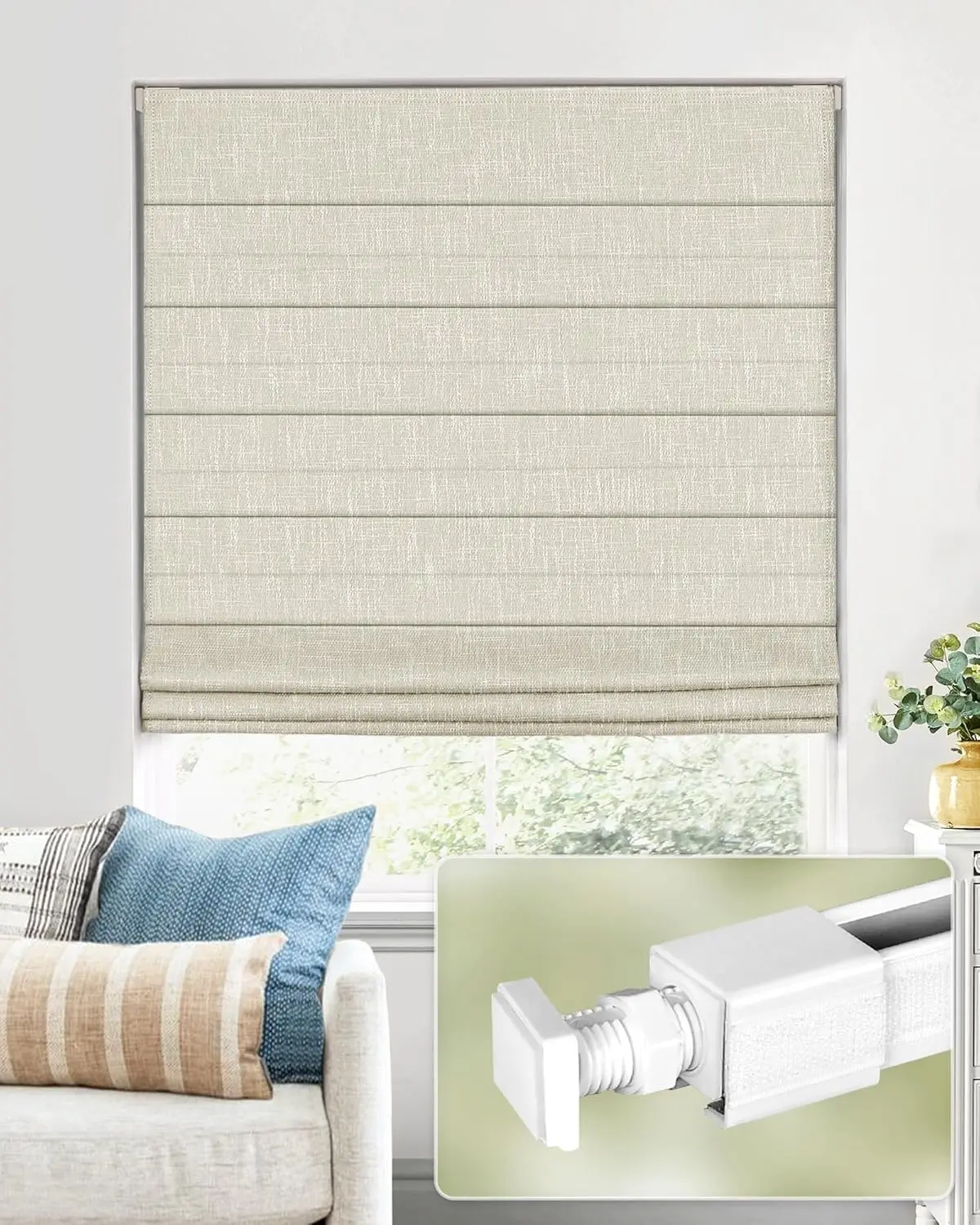 

Cordless Roman Shades for Indoor Windows 100% Blackout, No Tools No Drill, 34" W x 64" H Beige