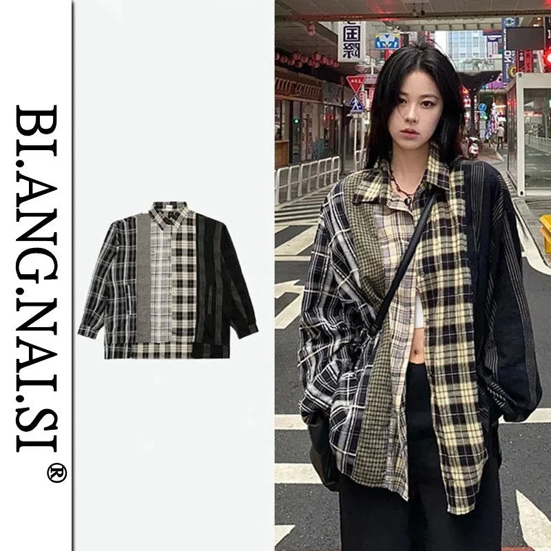 New American Vintage Patchwork Plaid Casual Shirt men Women Long Sleeve 2023 Spring Autumn Tide Brand Street Couple Shirt Coat