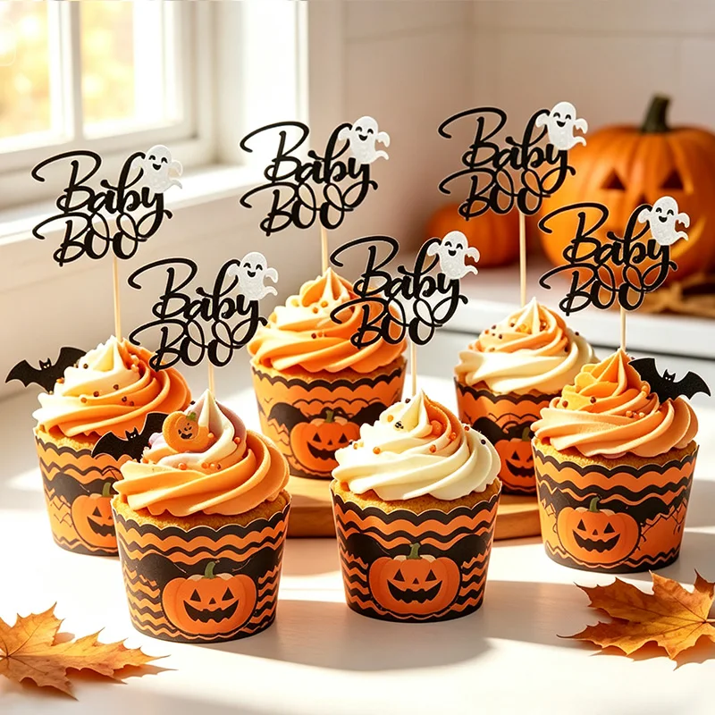 YOMDID 24Pcs Halloween Boo Cupcake Toppers Glitter Boo Ghost Silhouette Cake Picks for Fall Holiday Party Cake Decorations