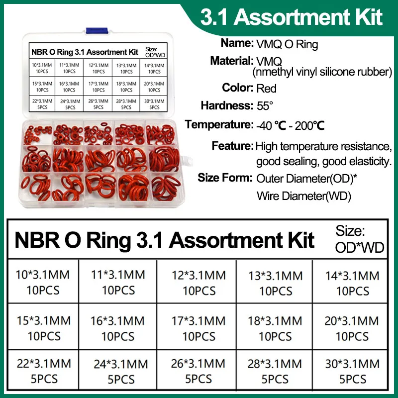 VMQ O-Ring-Dichtungsscheiben-Set aus Silikonkautschuk, FKM-Sortimentssätze für O-Ring-Dichtungen aus Fluorkautschuk, für die Autoreparatur von Luftgasaanschlüssen – Detail 17