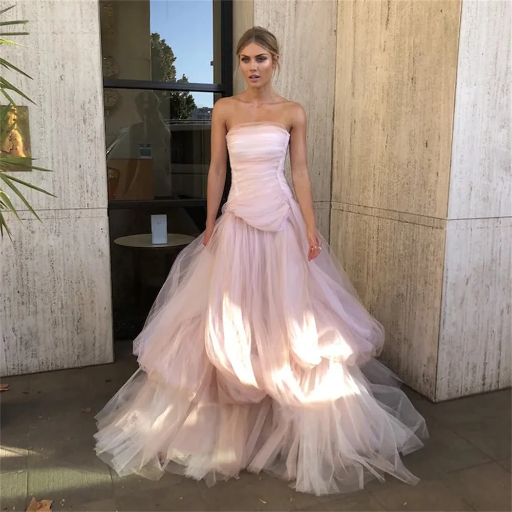 Blush Pink Tiered Tulle Long Formal Dress for Women Strapless Fluffy Soft Prom Dresses Vestidos De Fiesta Custom Made Gown